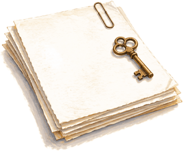 A stack of paper pages held by a paperclip, with a brass key