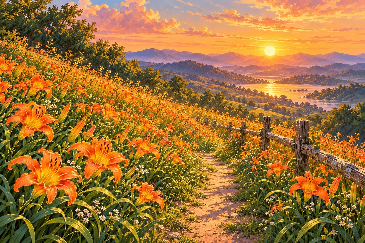 Orange daylilies along a wooden fence at sunset