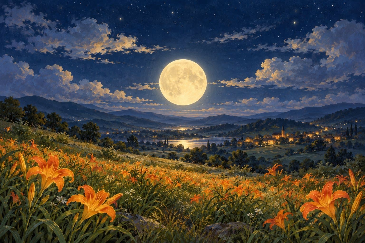 A full moon rising over the meadow