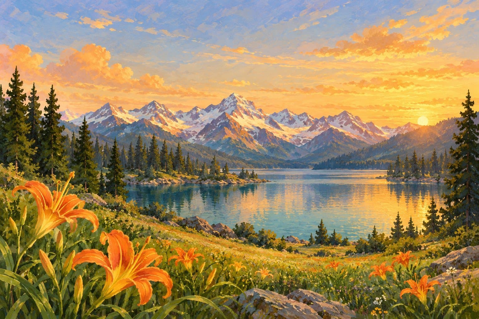 Mountains above a lake at golden hour