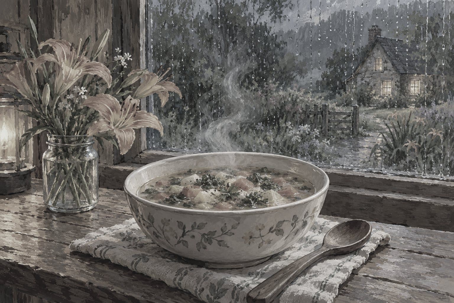 A grey bowl of soup by a rainy window