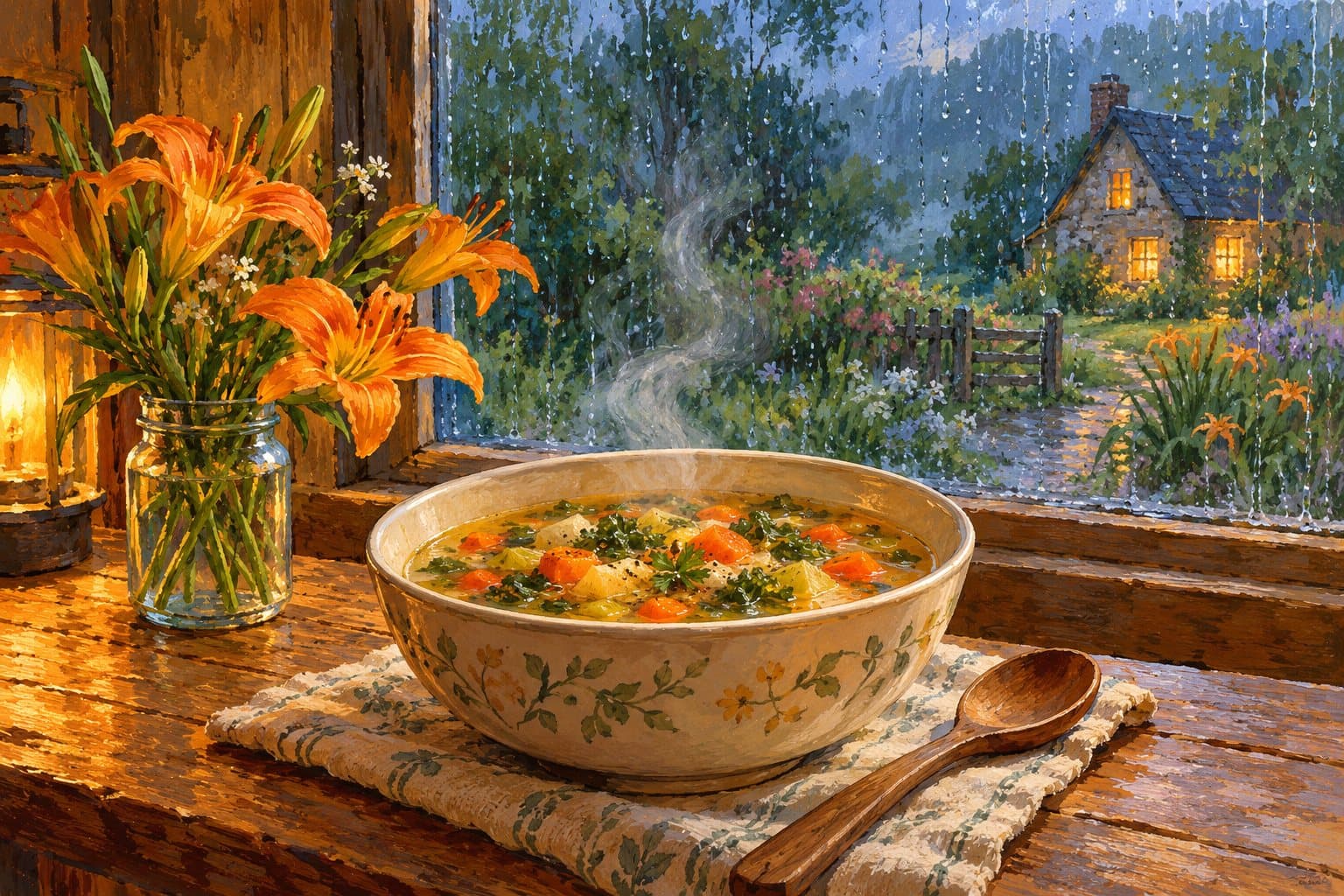 Soup by a rainy window