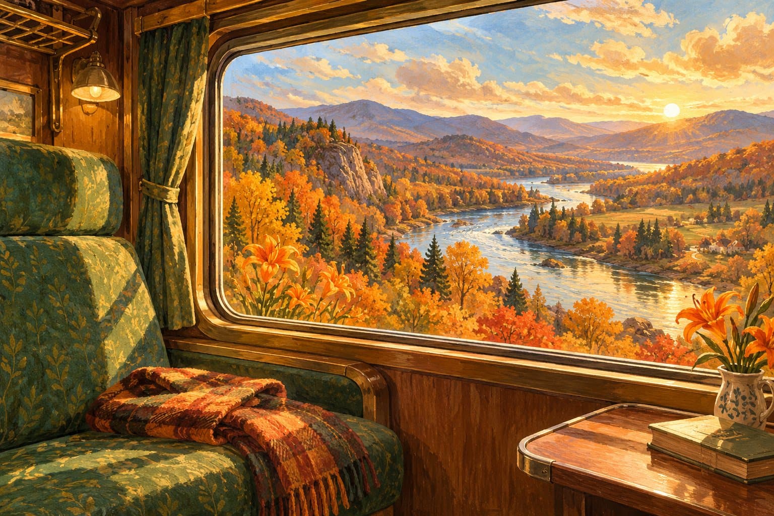 Autumn hills through a train window