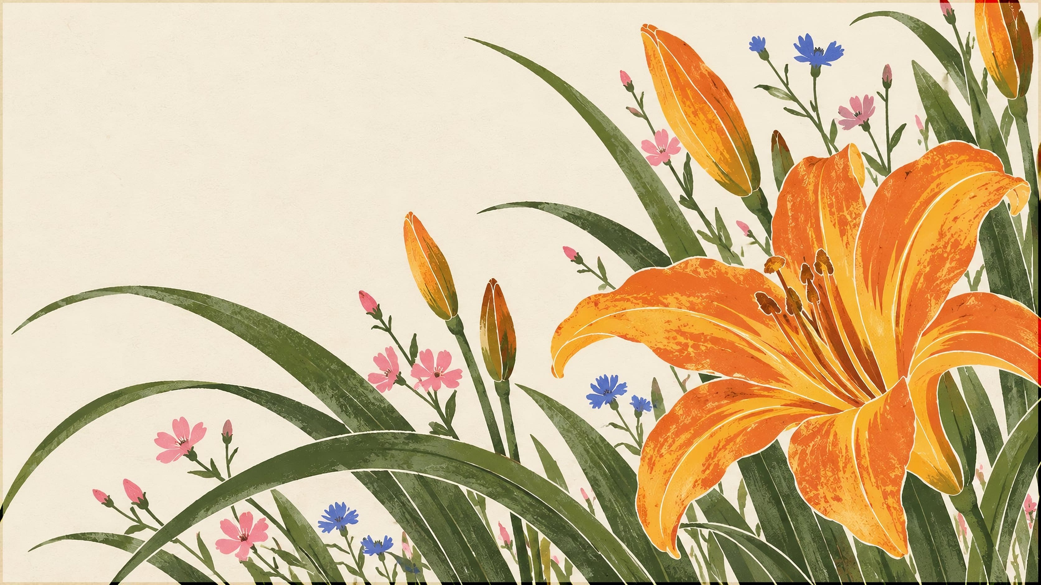 A single orange daylily among grasses and wildflowers